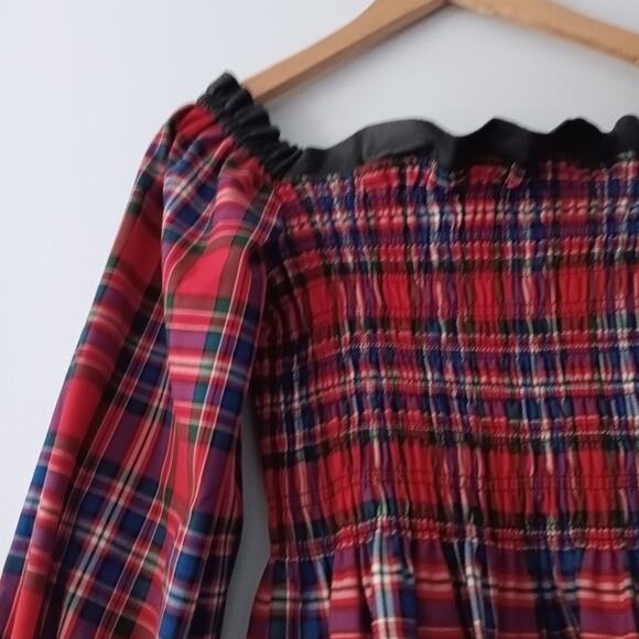 Tanya Taylor Smocked Crop Blouse Red Multi 2 - Picture 6 of 10